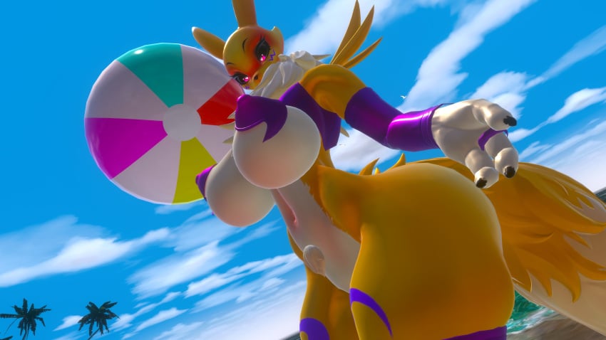 1girls 3d beach beach_ball big_ass big_breasts bottomless digimon digimon_(species) from_side looking_at_viewer looking_down pasties sloppydragons solo tagme tail vrchat wide_hips yellow_body