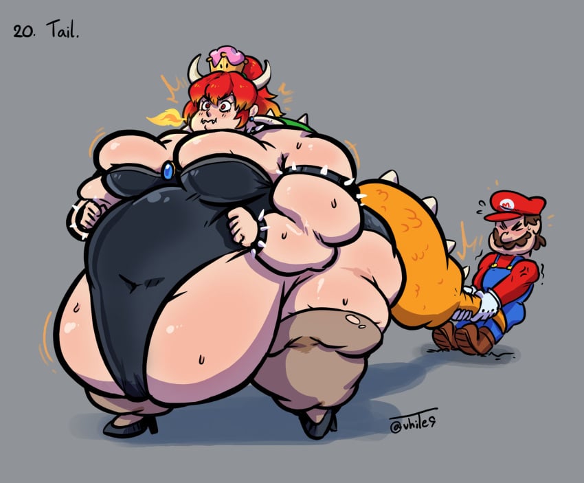 1boy 1girls bbw belly big_belly black_outfit blue_overalls bowsette breasts clothing crown duo enormous_belly enormous_thighs eyes_closed facial_hair fat fat_belly fat_female female gigantic_belly gigantic_thighs gloves grabbing_tail hat horns huge_belly huge_thights human humanoid humanoid_female humanoid_male large_belly large_thighs larger_female light-skinned_female light-skinned_male light_skin long_tail male male/female mammal mario mario_(series) morbidly_obese morbidly_obese_female mustache nintendo obese obese_female overalls overweight overweight_female red_bowsette red_hat red_shirt size_difference smaller_male ssbbw struggling tail thick_thighs thighs thunder_thighs vhite9 white_gloves