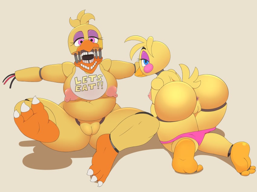 2girls absurd_res acstlu all_fours animatronic anus avian bird breasts chicken chubby duo feet feet_up female five_nights_at_freddy's five_nights_at_freddy's_2 hi_res jaynatorburudragon looking_at_viewer looking_back machine multiple_girls nipples panties pink_panties pussy raised_tail robot soles toes toy_chica toy_chica_(fnaf) video_games withered_chica