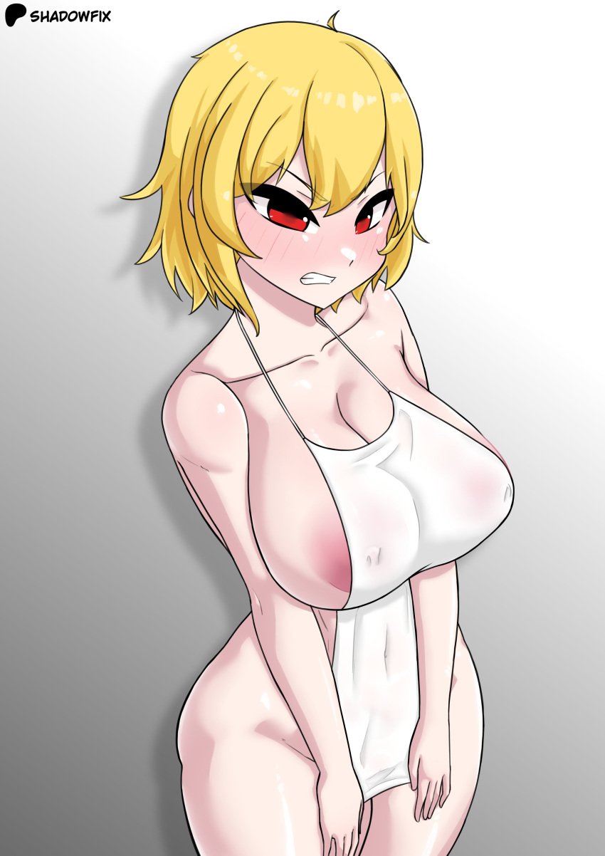 1girls apron apron_only big_breasts blonde_hair blush breasts curvy_female embarrassed embarrassed_female female female_only hololive hololive_indonesia hololive_indonesia_holoh3ro huge_breasts kaela_kovalskia large_breasts nipple_bulge nipple_slip pressing_breasts_together pushing_breasts_together red_eyes short_hair solo_female thick_thighs thighs