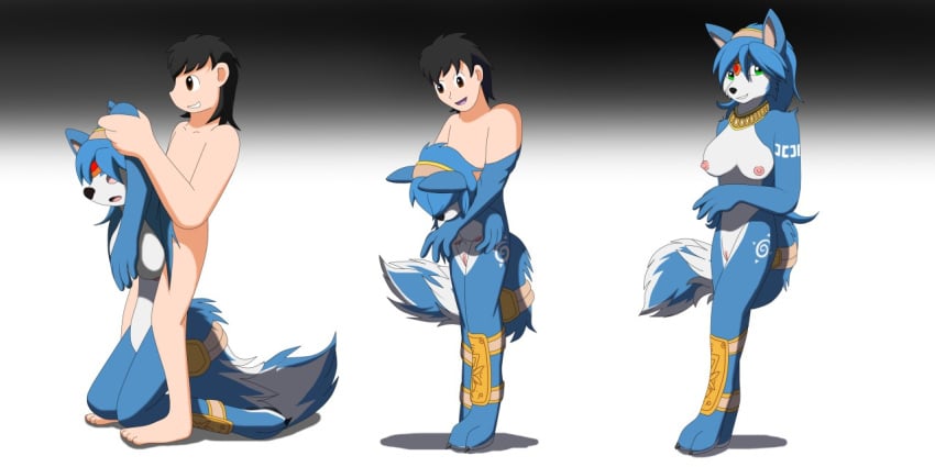 2017 2:1 accessories_only anthro areola biped black_hair black_nose blue_body blue_ears blue_fur blue_hair blue_tail bottomless breasts brown_eyes canid canine clothed clothing colored costume countershade_face countershade_fur countershade_neck countershade_torso countershading female female_anthro fox fur fursuit gender_transformation genitals green_eyes hair human human_to_anthro jewelry john_(swack16) krystal_(star_fox) male male_human mammal markings mtf_transformation multicolored_body necklace nintendo nipples nude open_mouth pussy simple_background smile solo species_transformation standing star_fox tail teeth topless transformation white_body white_fur white_markings wolferion