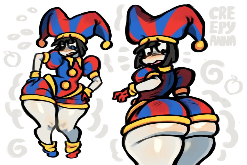 annacrazytoivo confusion female glitch_productions jester jester_hat jester_outfit pomni pomni_(tadc) pomni_(the_amazing_digital_circus) shortstack thick_thighs thunder_thighs wide_hips