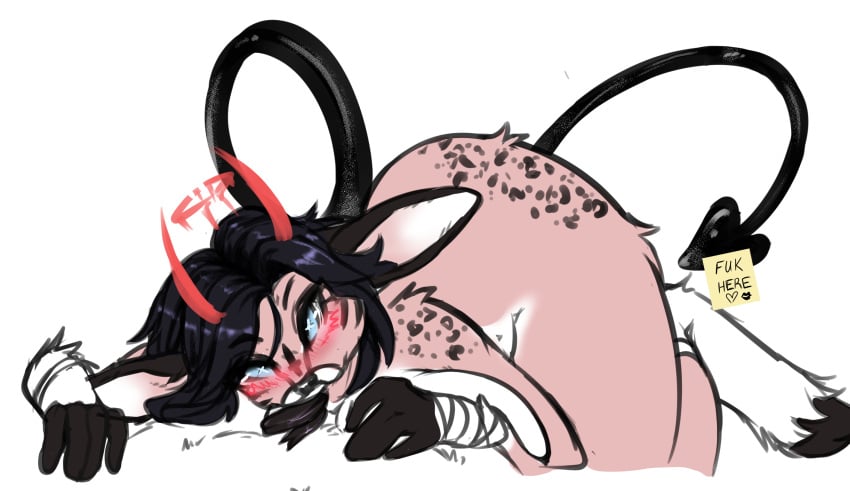 anthro black_hair black_tounge deer demon female hair hi_res horn jonah_sanruri mammal new_world_deer noviikona pink_body red_horn solo spade_tail succubus tail white-tailed_deer