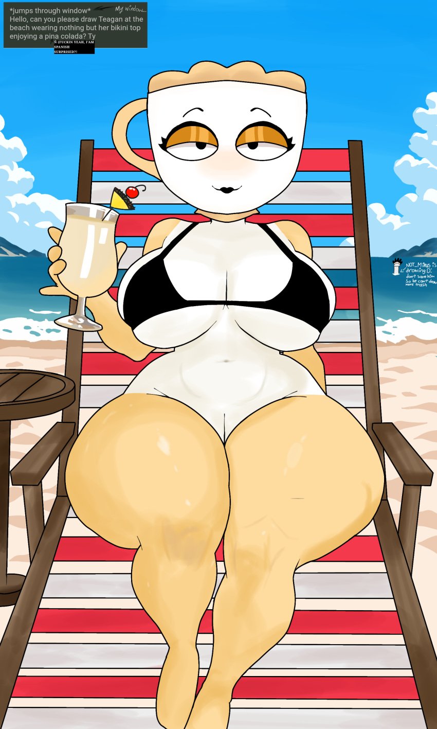 1girls 2d beach bikini_top black_lipstick breasts cocktail dandy's_world dandys_world detailed_background digital_drawing_(artwork) digital_media_(artwork) drink eyeshadow huge_ass huge_breasts looking_at_viewer milf mischievous_smile not_minus request smirking_at_viewer tagme teagan_(dandy's_world) thick_thighs tight_clothing topwear