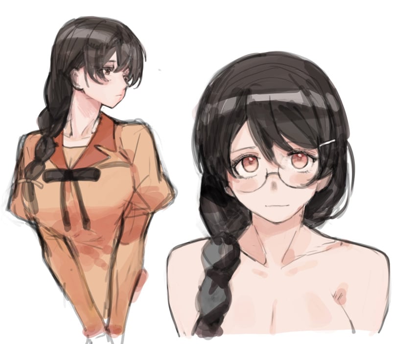 2d artist_request bad_id bad_twitter_id bakemonogatari bare_shoulders braid breasts completely_nude female glasses hair_ornament hairclip hanekawa_tsubasa highres large_breasts long_braid long_sleeves looking_at_viewer monogatari_(series) multiple_pov naoetsu_high_school_uniform nude pov puffy_long_sleeves puffy_sleeves red_eyes round_eyewear rrr_ato school_uniform simple_background unworn_eyewear upper_body white_background