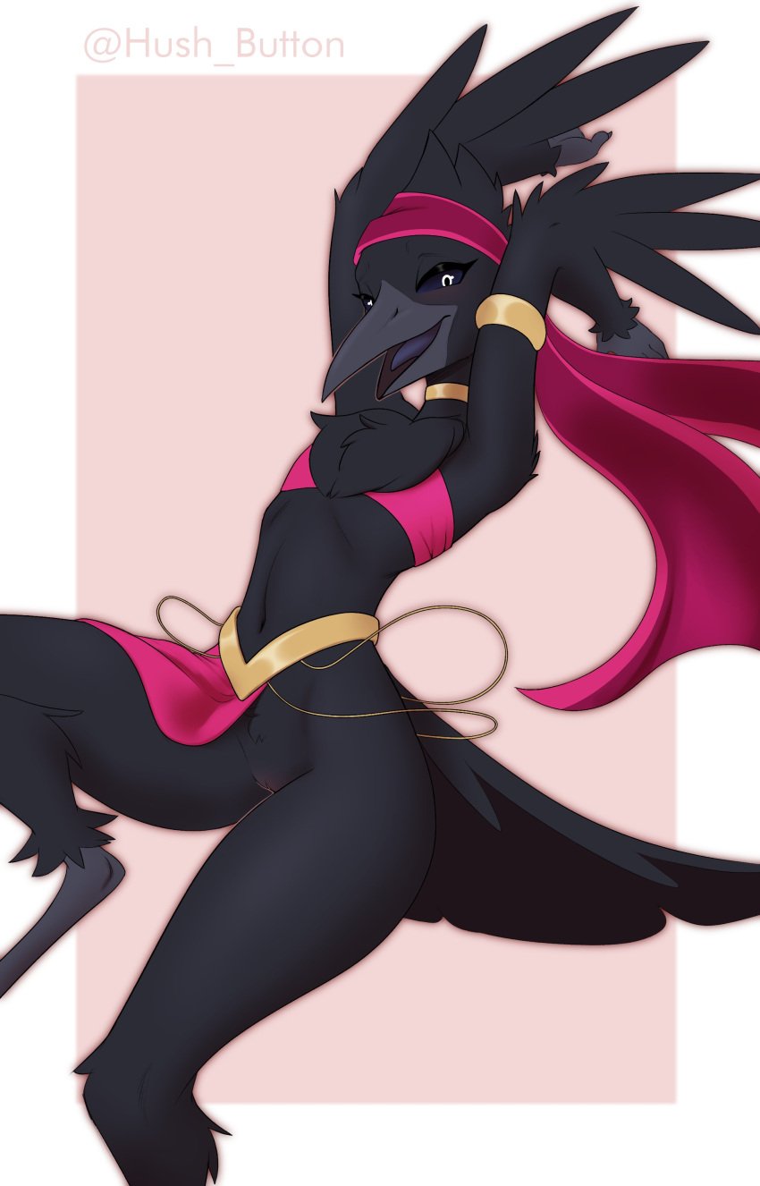 absurd_res accessory anthro avian beak bird black_body black_eyes black_feathers bottomwear bottomwear_aside clothed clothing clothing_aside corvid corvus_(genus) crow feathers female flat_chested front_view genitals headband hi_res loincloth loincloth_aside looking_at_viewer mrbuttonboi oscine passerine pussy skimpy skinny skinny_anthro skinny_female slim solo tail tail_feathers