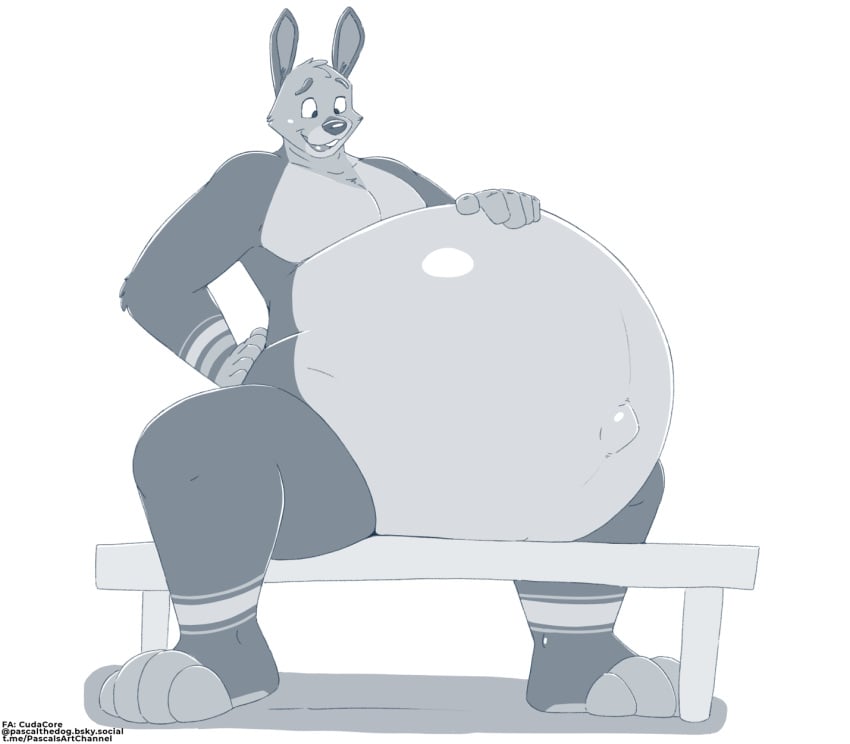 belly big_belly cudacore feet hi_res hockey_borealis huge_belly lagomorph leporid male mammal monochrome navel outie_navel paws pregnant pregnant_male rabbit toes