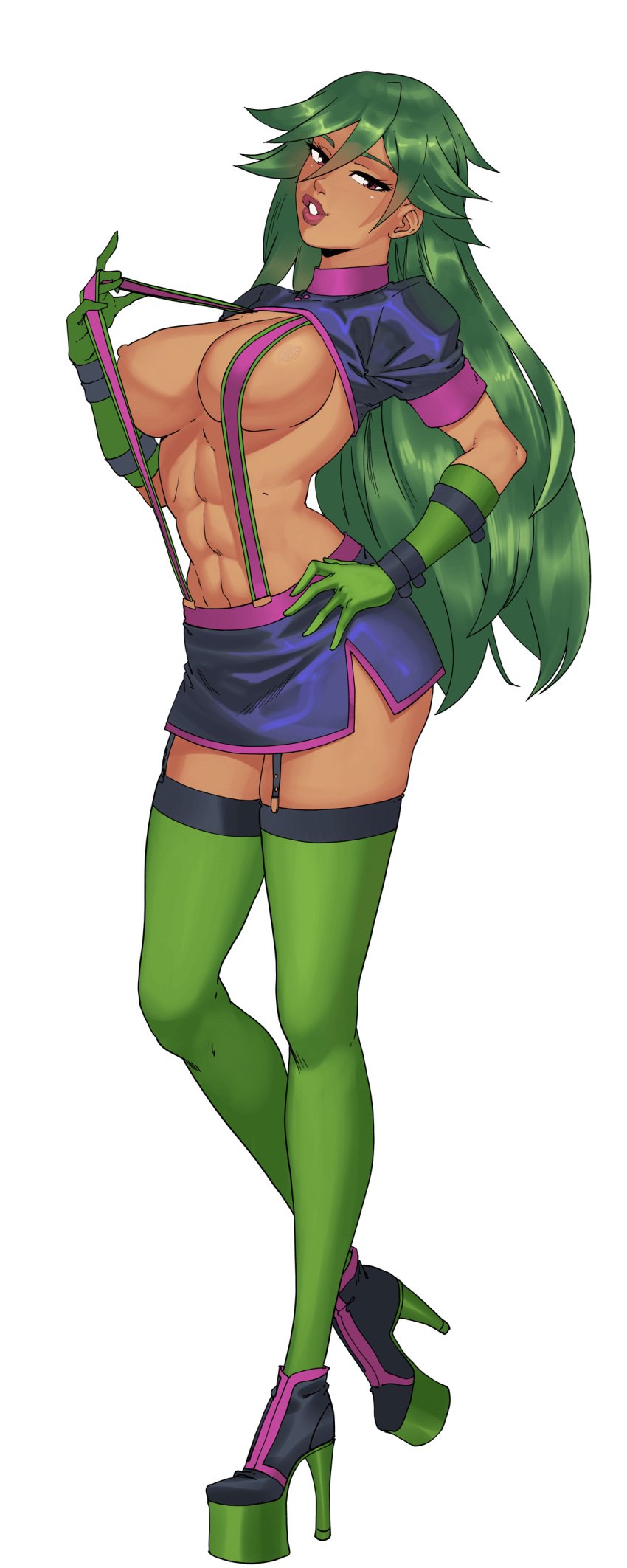 abs arianne_(hentai_heroes) boots breasts cg dark-skinned_female dark_skin date_arianne_(hentai_heroes) female full_body garter_straps gloves green_hair green_lips green_skirt hentai_heroes high_heel_boots high_heels kinkoid large_breasts lipstick long_hair looking_at_viewer makeup medium_breasts microskirt miniskirt muscular muscular_female navel official_art parody poison red_eyes revealing_clothes shoes skirt smile solo standing suspenders thighhighs transparent_background