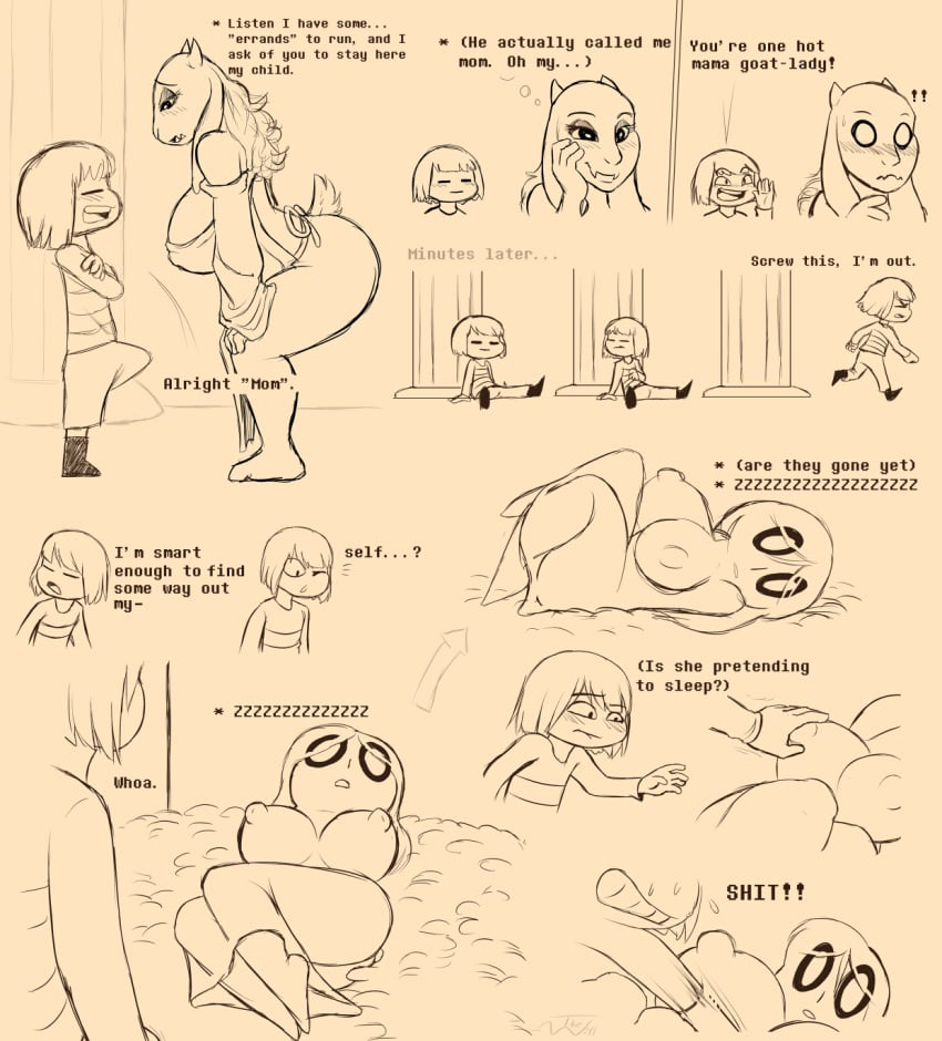 anthro big_breasts blooksanap blush breast_grab breasts bulge busty comic dialogue english_text female frisk frisky_(under(her)tail) furry ghost hand_on_breast huge_breasts lying male napstablook nipples on_back sitting spirit text thewill toriel tutori_(under(her)tail) under(her)tail undertale undertale_fanfiction