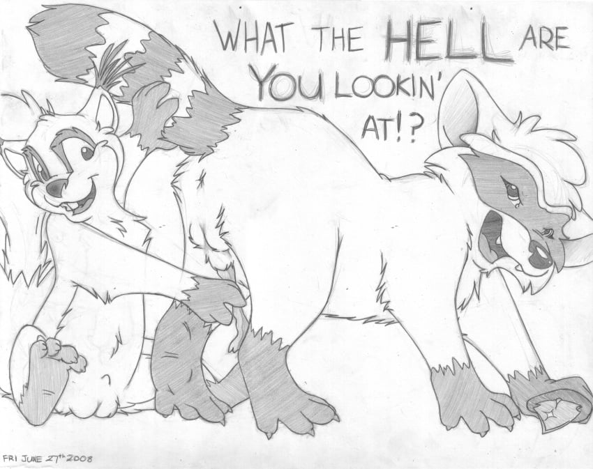 all_fours angry annoyed anus backsack balls benny_the_squirrel buckteeth cute_fangs dialogue duo english_text erection front_view greyscale holding_weapon knife looking_at_viewer male mammal mizzyam monochrome nude open_mouth pencil_(artwork) penis penis_grab raccoon raccoon_penis raised_tail rodent semi-anthro sheath side_view sitting smile squirrel talking_to_viewer teeth text traditional_media_(artwork) vice_(mizzyam) weapon yaoi