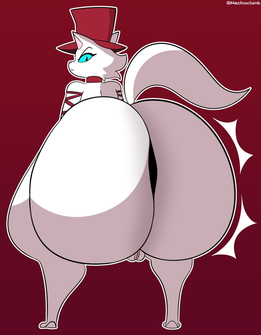 2023 anthro ass big_butt black_eyes blue_sclera clothing digital_drawing_(artwork) digital_media_(artwork) domestic_cat felid feline felis female fur genitals gradient_background hat headgear headwear hi_res huge_butt looking_back mammal mechaclank outline pink_inner_ear pink_nose purrue_(mechaclank) pussy red_background red_clothing red_hat red_headwear simple_background solo tail thick_thighs twerking unimpressed white_body white_ears white_fur white_outline white_tail