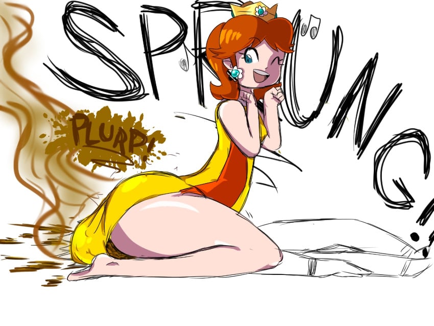 1girls ass blue_eyes brown_hair female fully_clothed gobrush gobrushgob gobrushrush huge_ass light_skin mario_(series) princess_daisy rushgob scat shit shitting simple_background soiling soiling_clothing sportswear stinky super_mario_bros.