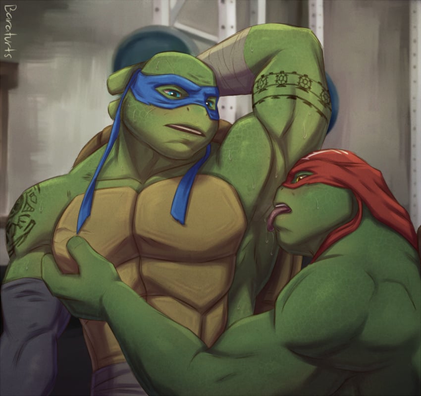 anthro armpit_fetish armpit_lick armpit_play baraturts biceps bodily_fluids brother_(lore) brothers_(lore) clothing digital_media_(artwork) duo green_body headgear headwear incest_(lore) leonardo_(tmnt) licking male male/male mask muscular muscular_anthro muscular_male open_mouth raphael_(tmnt) reptile scalie shell sibling_(lore) sweat sweatdrop tattoo teenage_mutant_ninja_turtles teenage_mutant_ninja_turtles_(2014) teeth tongue tongue_out turtle