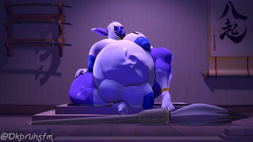 16:9 3d_(artwork) anthro ass balls bandai_namco big_balls big_breasts big_butt bones_in_stomach breasts digimon digimon_(species) digital_media_(artwork) futanari genitals gold_(metal) gynomorph herm hi_res intersex karen_(okbruh) larger_gynomorph larger_intersex looking_at_viewer nipples ok_bruh size_difference solo source_filmmaker_(artwork) taomon thick_thighs tongue vore widescreen