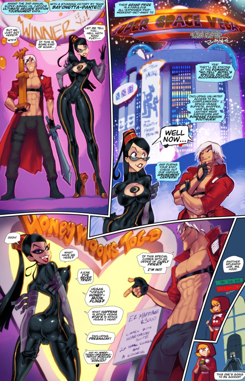 1boy 1girls abs ass ass bayonetta bayonetta_(character) big_ass big_breasts big_butt big_penis black_hair bulge color comic comic_page dante devil_may_cry english_text female fit_female fred_perry glasses hi_res large_breasts light-skinned_female light_skin long_hair male male/female muscles muscular muscular_male nipple_bulge page_1 tagme taller_female taller_girl text text_bubble thick_thighs white_hair