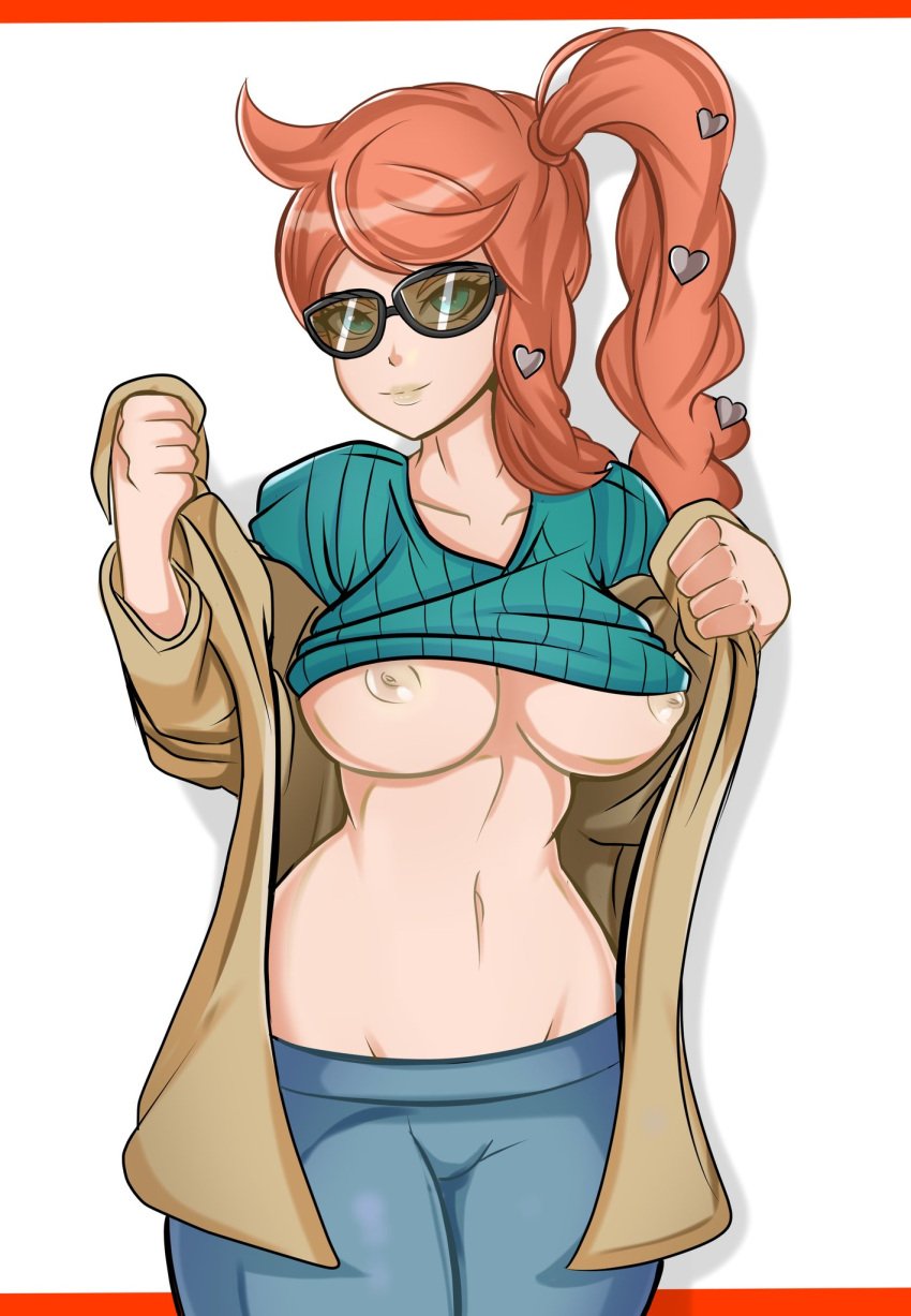 2019 breasts female female_only green_eyes long_hair looking_at_viewer nintendo nipples open_jacket orange_border orange_hair pokemon pokemon_trainer shirt shirt_lift shirt_up side_ponytail sonia_(pokemon) sovereignless sunglasses tied_hair trenchcoat white_background