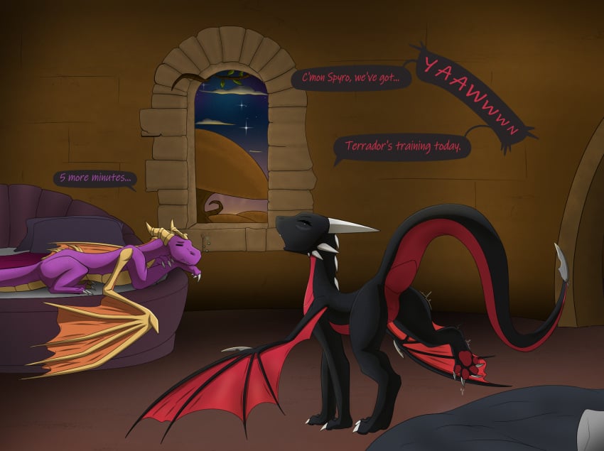 2024 activision apollyondragon bed bedding bedroom blanket claws cynder dialogue dragon duo english_text female feral furniture genitals hi_res horn male morning mythological_creature mythological_scalie mythology open_mouth paws pillow pussy rear_view scalie sleeping spyro spyro_the_dragon tail text waking_up wings yawn