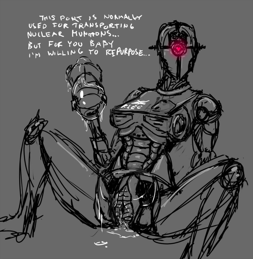 1girls assaultron dialog english_text fallout fallout_4 female heart heart-shaped_pupils inviting kl-e-0 machine metal monochrome partially_colored pussy_juice robot sketch slime solo text