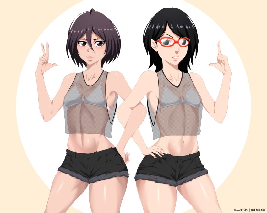 2girls alternate_costume bikini bikini_top black_eyes black_hair bleach boruto:_naruto_next_generations breasts cleavage crossover female female_only fishnet fishnet_shirt glasses hand_on_hip kuchiki_rukia long_hair looking_at_viewer naruto naruto_(series) posing sarada_uchiha short_shorts small_breasts stayaliveplz