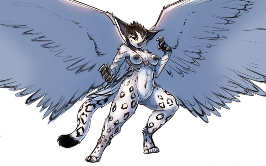 anthro avian bird breasts digitigrade feathers feline female fur gryphon hybrid leopard mammal owl pussy simple_background snow_leopard solo watsup white_background white_feathers white_fur wings