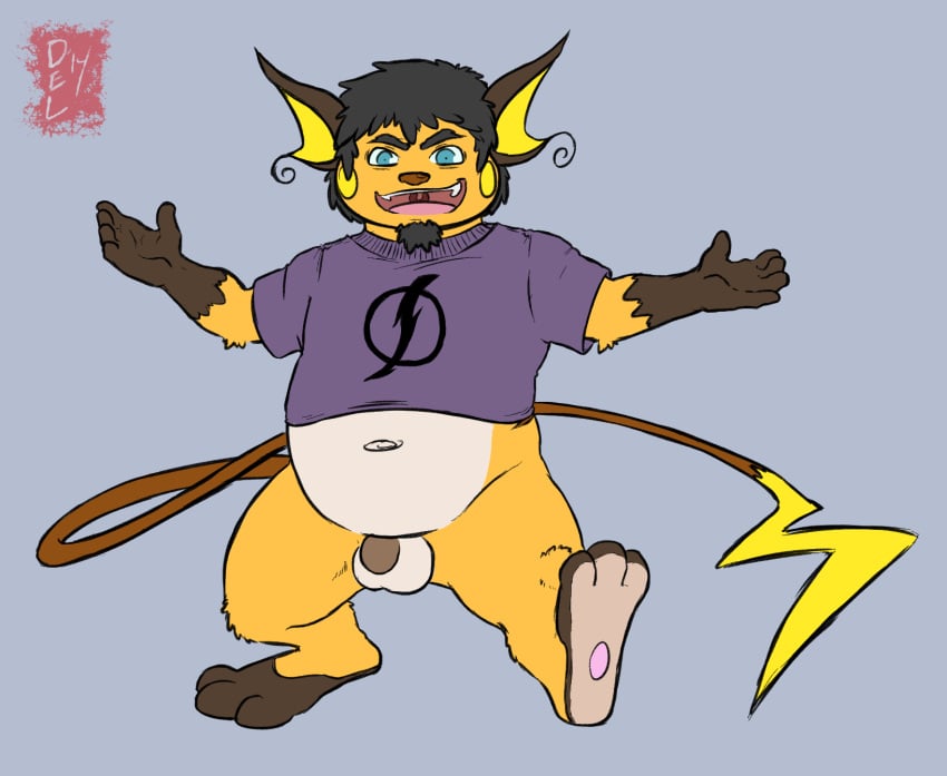 2014 anthro balls barefoot blue_background bottomless clothed clothing facial_hair flaccid front_view half-dressed hindpaw male male_only maverick_ryders_levin navel nintendo nokemy overweight paws penis pokemon pokemon_(species) raichu shirt signature simple_background smile solo soul_patch standing video_games walking watermark