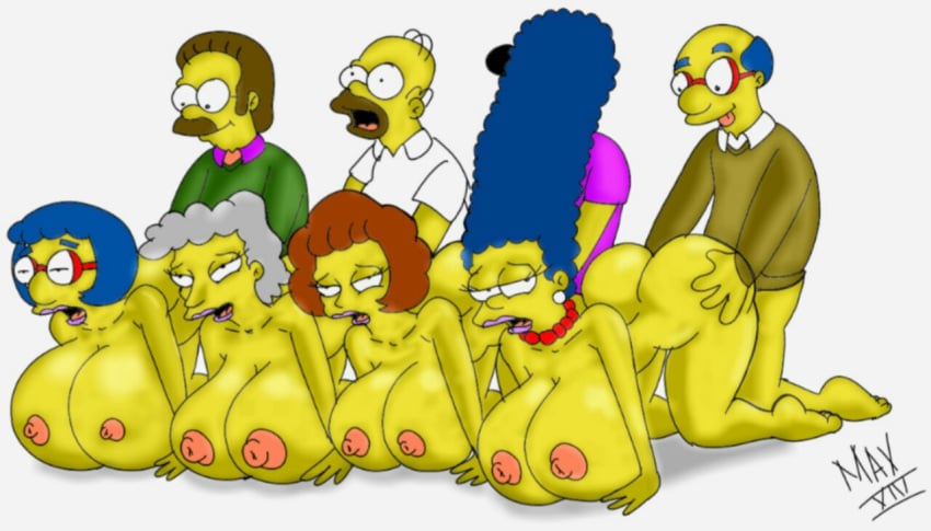 20th_century_studios 4boys 4girls accurate_art_style alternate_breast_size ass big_ass big_breasts breasts breasts_bigger_than_head canon_couple doggy_style female helen_lovejoy homer_simpson huge_breasts human hump husband_and_wife kirk_van_houten luann_van_houten male marge_simpson maude_flanders maxtlat milf ned_flanders orgy sex straight swingers the_simpsons timothy_lovejoy yellow_body yellow_skin