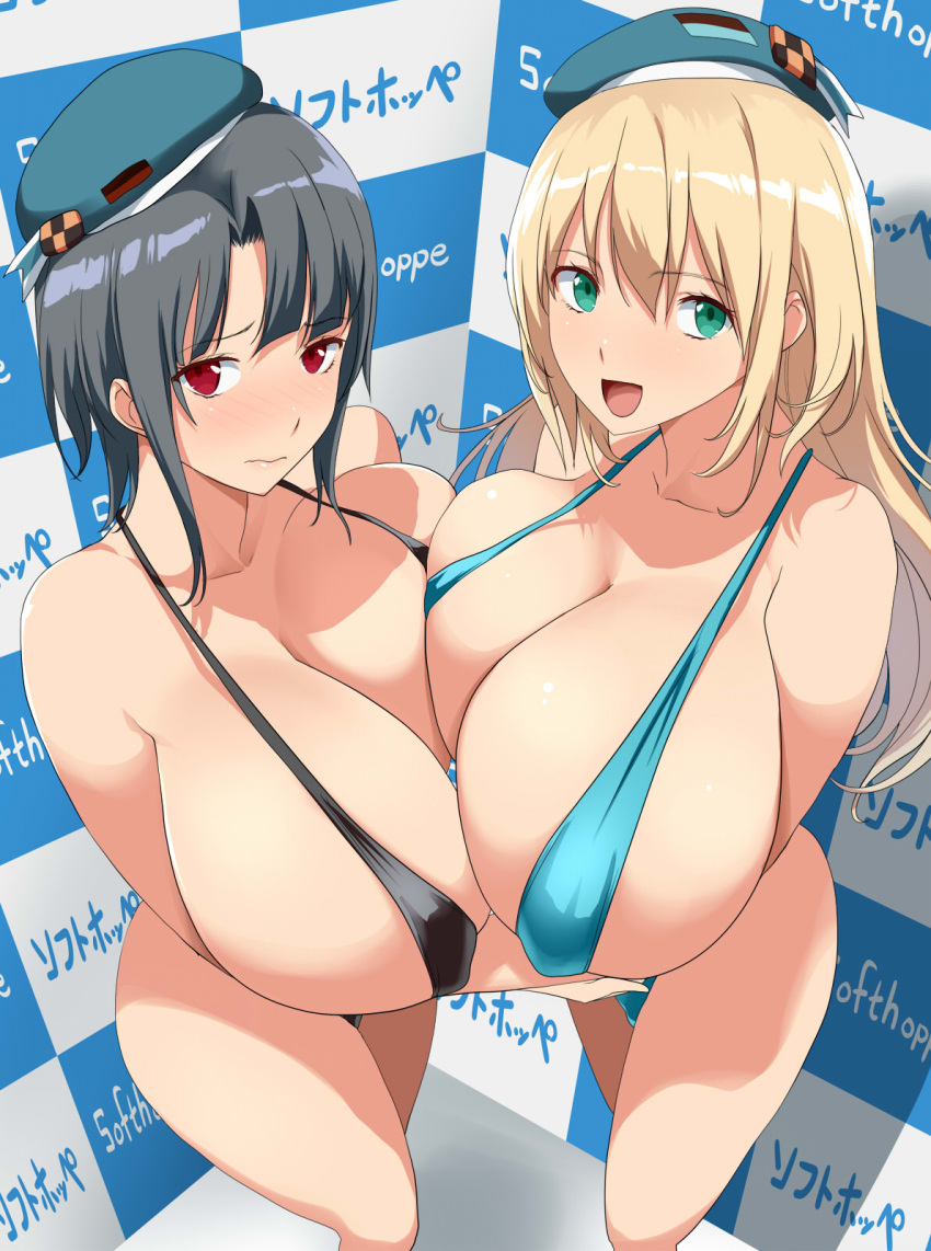 2015 2girls atago_(kantai_collection) black_hair blonde_hair boobs_bang breast_press breasts checkered cleavage green_eyes hat highres huge_breasts kantai_collection kloah long_hair looking_at_viewer multiple_girls red_eyes sling_bikini smile swimsuit symmetrical_docking takao_(kantai_collection) thighs wavy_mouth