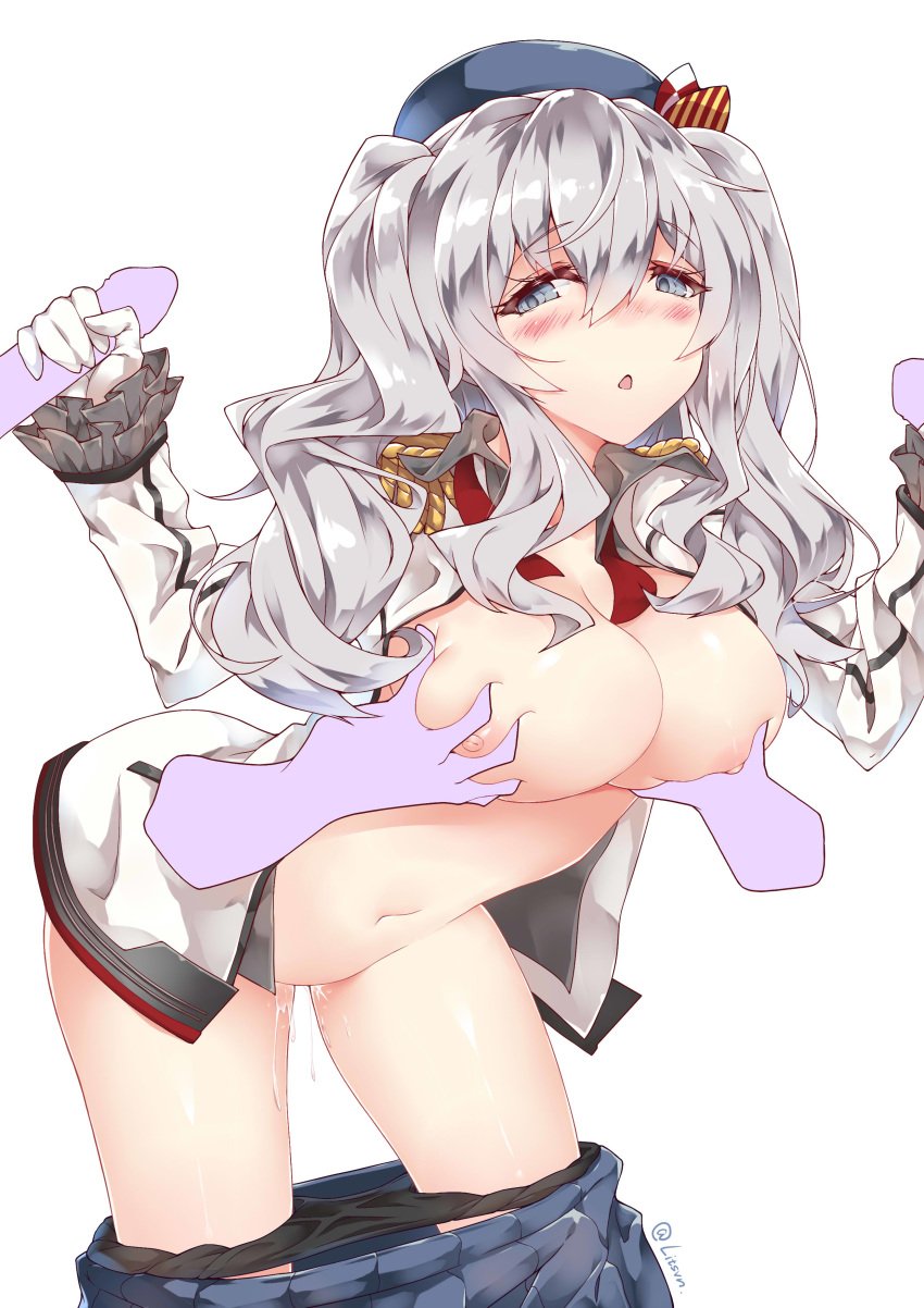 :o absurdres artist_name black_panties blush breast_grab breasts cleavage double_handjob female gloves handjob highres kantai_collection kashima_(kantai_collection) large_breasts litsvn long_hair navel nipples panties panty_pull penis silver_eyes silver_hair simple_background skirt solo_focus underwear white_background white_gloves