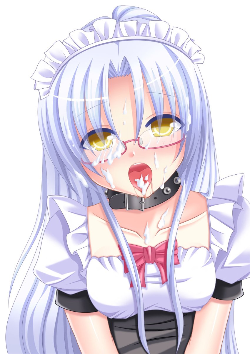 1girls after_fellatio angel_beats! bad_id blush collar cum cum_in_mouth cum_on_face cum_on_glasses empty_eyes enmaided facial female female_only glasses high_resolution kanade_tachibana maid open_mouth silver_hair solo source_request tongue yellow_eyes