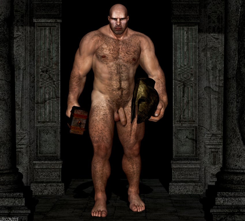 1boy 3d bald deity erect_nipples european_mythology facial_hair flaccid god greek_mythology hairy_body hammer helmet hephaestus large_penis lex-icon male male_only musclegut muscular muscular_male mythology nude penis poser public_domain solo uncut