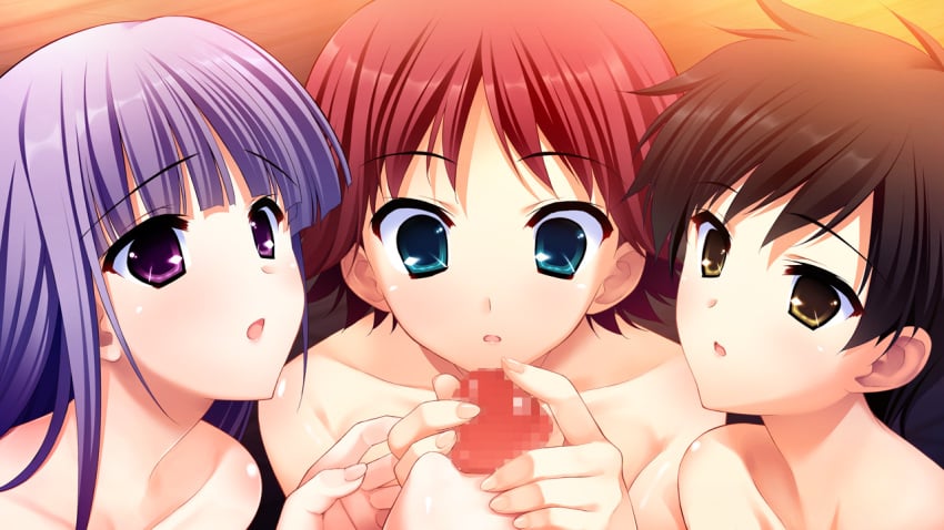 3girls black_hair blue_eyes censored character_request grisaia_no_kajitsu grisaia_no_meikyuu long_hair mosaic_censoring multiple_girls nude open_mouth penis purple_eyes purple_hair red_hair short_hair yellow_eyes