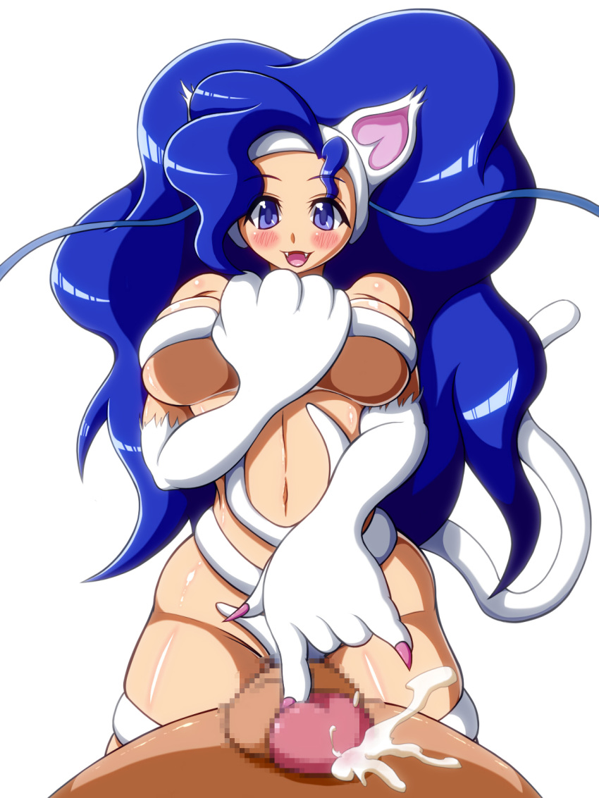 bare_shoulders blue_eyes blue_hair blush breasts capcom censored censored_genitalia censored_penis chitose_komodo cum darkstalkers duo felicia_(darkstalkers) feline female handjob highres human humanoid large_breasts male mammal medium_breasts mosaic_censoring navel one-finger_handjob penis pointless_censoring pov simple_background solo_focus straight tease teasing useless_censoring white_fur wrong_eye_color