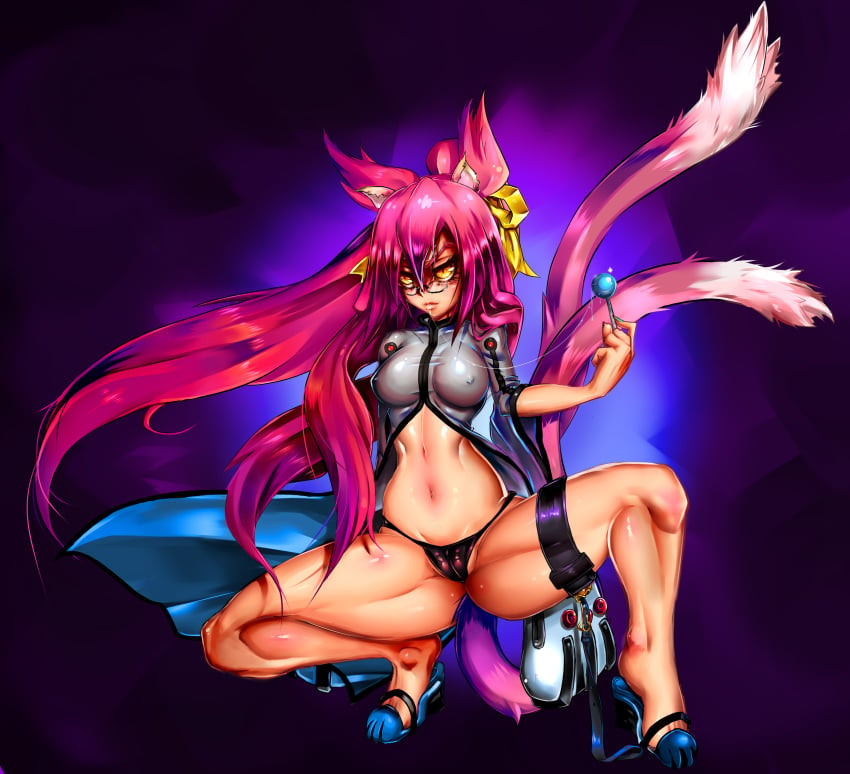 absurdres animal_ears arc_system_works blazblue breasts cameltoe candy cat_ears cat_tail erect_nipples eyelashes female female_only full_body glasses gradient_background highres kokonoe lollipop long_hair multiple_tails nail_polish navel nipple_bulge nipples no_bra panties pink_hair ponytail saliva saliva_trail shiny shiny_skin signhereplease slit_pupils solo spread_legs squatting tail tied_hair wet yellow_eyes