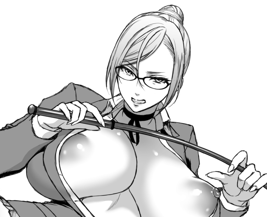 areola_slip areolae breasts choker cleavage female glasses hair_bun large_breasts looking_at_viewer monochrome nipples open_clothes open_shirt prison_school riding_crop shiraki_meiko shirt solo usaginagomu