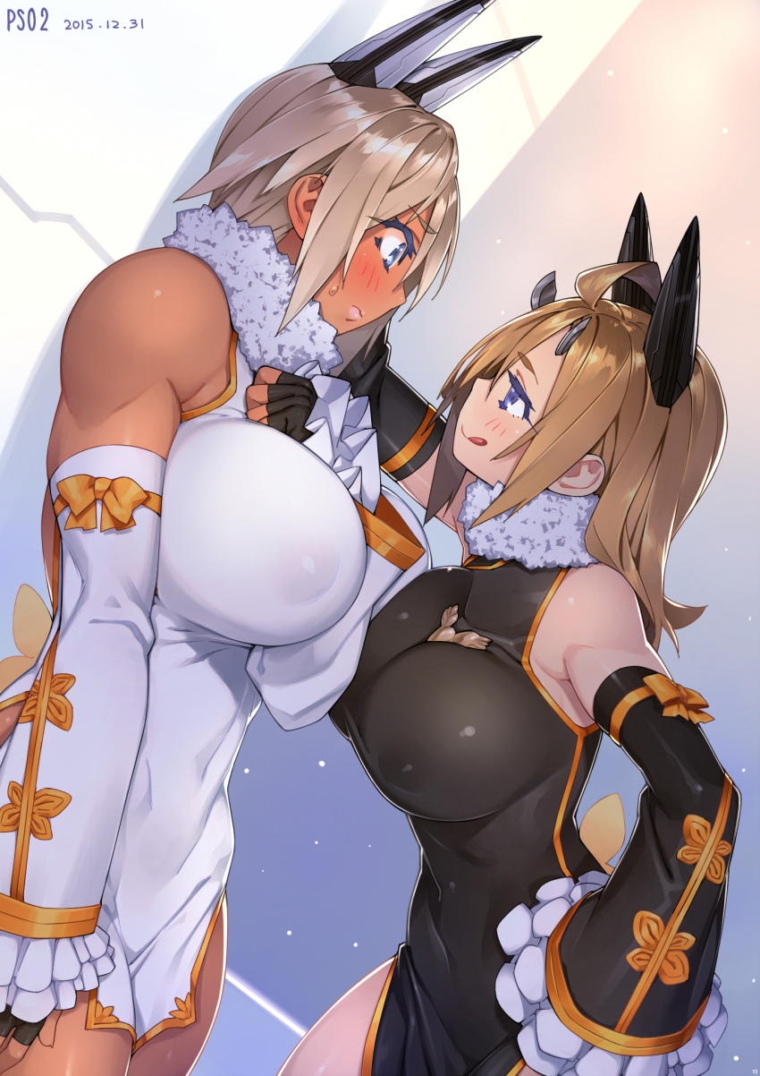 2girls blonde_hair blue_eyes blush breasts brown_hair dark-skinned_female dark_skin dress erect_nipples female headgear large_breasts licking_lips long_hair muscular_female phantasy_star_online_2 sela_(sela_god) sela_god short_hair sleeves standing sweatdrop ursula_(sela_god)