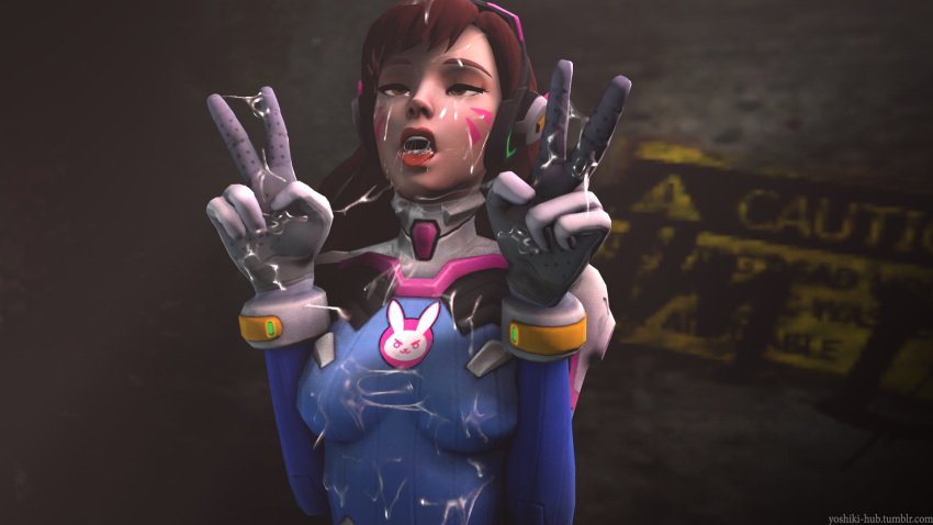 3d after_sex aftermath ahe_gao bedroom_eyes bodysuit brown_hair cum cum_on_body cum_on_breasts cum_on_face cum_outside d.va female gesture gloves headgear headphones hiroshi-yoshiki long_hair overwatch solo solo_focus tongue_out v whisker_markings