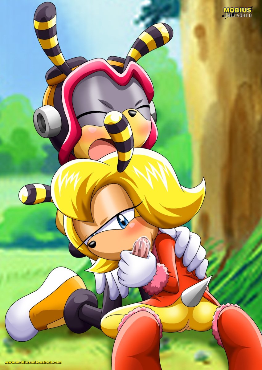 1boy 1girls archie_comics ass bangs blonde bug charmy_bee couple duo eyes_closed fellatio female forest helmet mobius_unleashed no_panties open_mouth oral saffron_bee saliva sega sonic_(series) sonic_team stinger straight tree vagina vest wings young