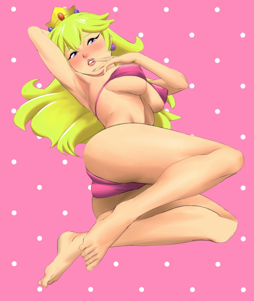 1girls ass bikini blonde_hair breasts erect_nipples feet female female_only full_body long_hair mario_(series) nintendo pink_background pink_bikini pomki princess_peach simple_background solo swimsuit