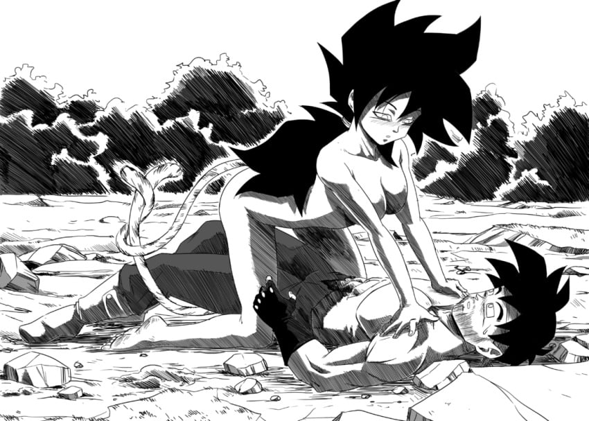 1boy 1boy1girl 1girls abs asura-00 black_and_white black_hair dragon_ball dragon_ball_z feet female_on_top hanasia looking_at_partner monochrome muscles nude nude_female public_nudity public_topless saiyan saiyan_tail spiky_hair tail topless topless_male