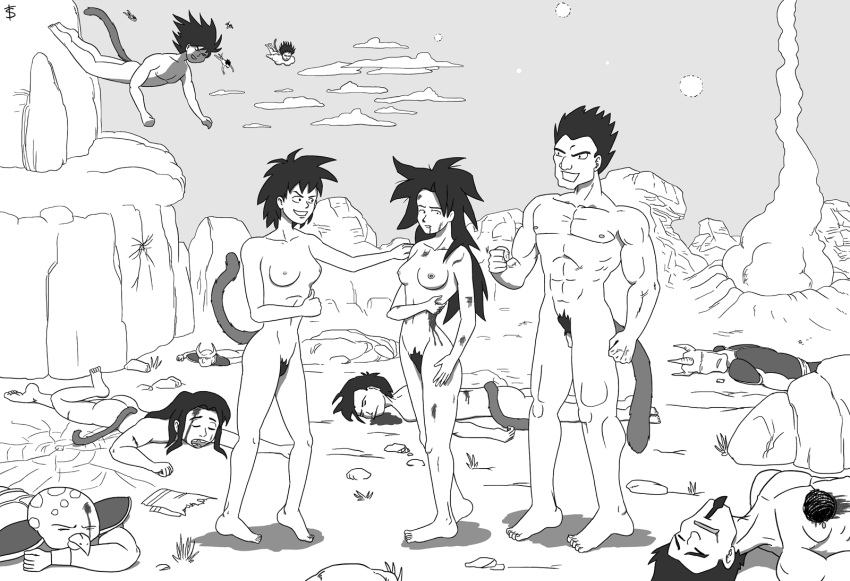 after_battle alien_planet battle beak black_and_white black_hair blood defeated dragon_ball dragon_ball_z female hanasia lineart monochrome multiple_boys multiple_girls nude outdoors outside penis pubes pubic_hair public_nudity saiyan salagir small_penis wounded