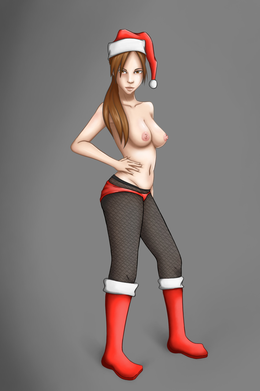 akayuki-zero boots breasts brown_eyes christmas lara_croft lara_croft_(survivor) nipples santa tomb_raider tomb_raider_(survivor) topless