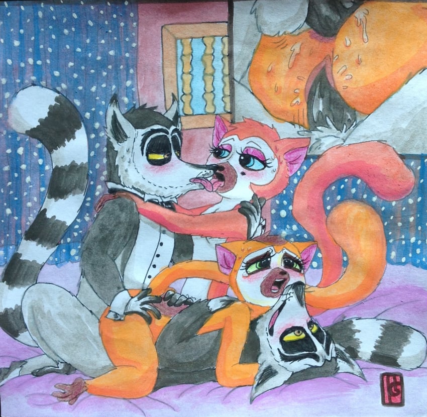 2boys1girl all_hail_king_julien bed clover_(madagascar) crimson_(madagascar) day daytime dreamworks foursome king_julien madagascar_(series) magic_steve orgy puku83 sex threesome tongue_kiss twins window