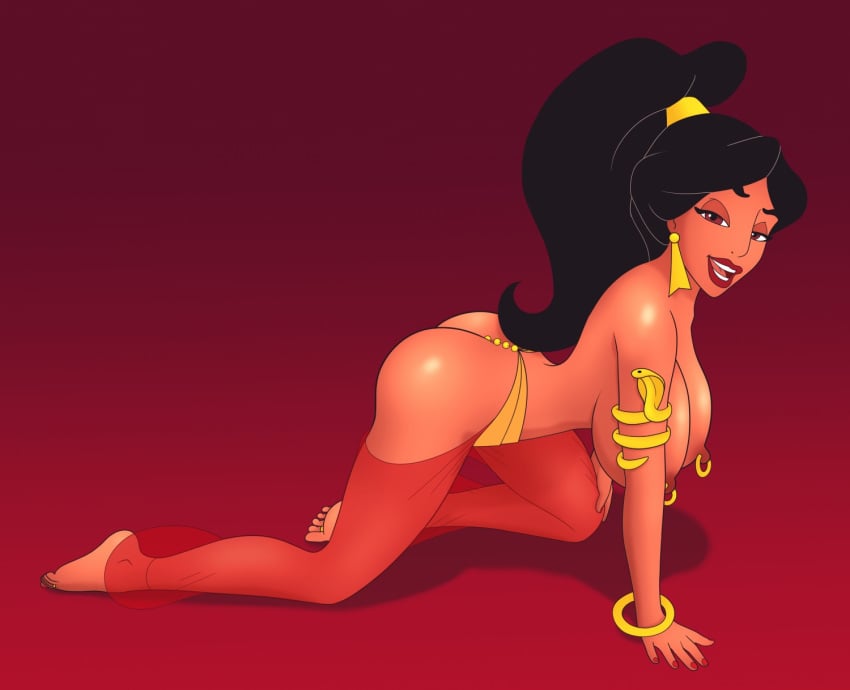 1girls aladdin all_fours arabian arabian_clothes armlet ass black_hair body_piercing bracelet breasts brown_eyes disney disney_princess earrings evil_queen_jasmine female female_only harem_outfit human jafar_harem_outfit large_breasts lipstick long_hair nail_polish nipple_piercing nipple_ring nipple_rings nipples piercing ponytail princess princess_jasmine rivawi royalty see-through solo tied_hair toe_ring