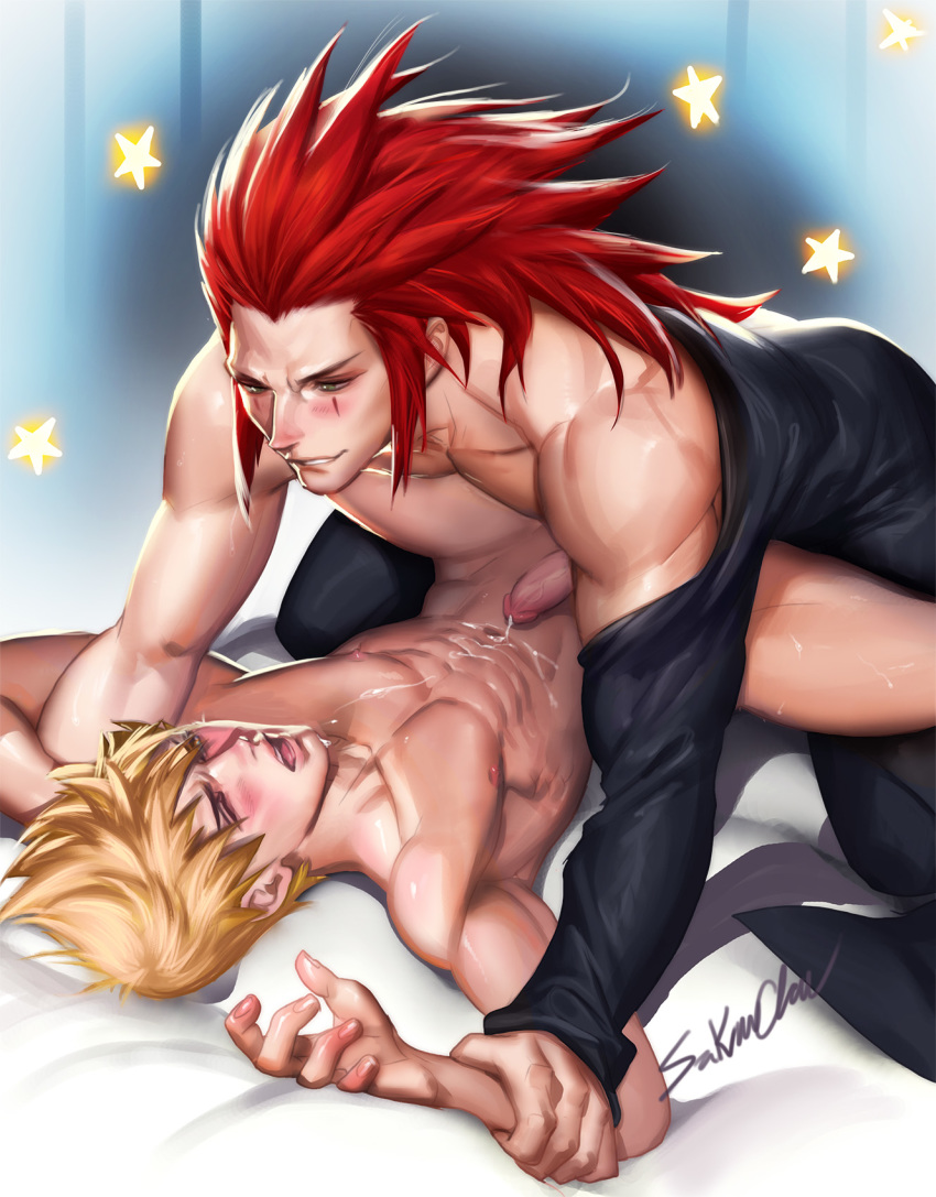 2boys abs age_difference anal_sex ass axel bed blonde_hair clothed_male_nude_male clothed_on_nude cum cum_on_body cum_on_self cum_while_penetrated erect_nipples facepaint gay hair kingdom_hearts legs_held_open looking_at_partner male male_only multiple_boys multiple_males muscles naughty_face on_back open_mouth pecs penis red_hair restrained roxas sakimichan size_difference spiky_hair spread_legs stars sweat testicles uncensored wrist_grab yaoi