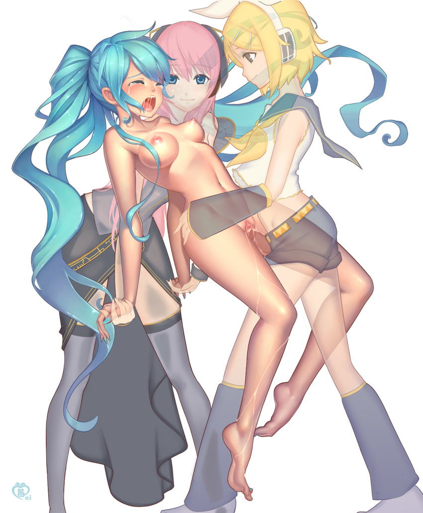 3girls aqua_hair barefoot belt blonde_hair blush breasts closed_eyes detached_sleeves drooling futa_with_female futanari hair hair_ornament hair_ribbon hairclip hatsune_miku highres holding_hands intersex kagamine_rin long_hair megurine_luka midriff moaning multiple_girls nail_polish naked_sleeves nipples nude ohayou_girls open_mouth penis perky_breasts pink_hair pussy pussy_juice ribbon saliva see-through sex short short_hair simple_background smile tears thighhighs tied_hair toenail_polish transparent twintails vaginal_penetration very_long_hair vocaloid vocaloid_4 white_background