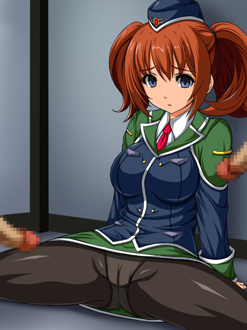 2boys abunai_zeiniku black_legwear blazer blue_eyes brown_hair censored eiyuu_densetsu female fran_seeker green_skirt hat highres miniskirt mosaic_censoring multiple_boys necktie panties panties_under_pantyhose pantyhose penis red_necktie short_hair sitting skirt solo_focus spread_legs tied_hair twintails underwear uniform zero_no_kiseki