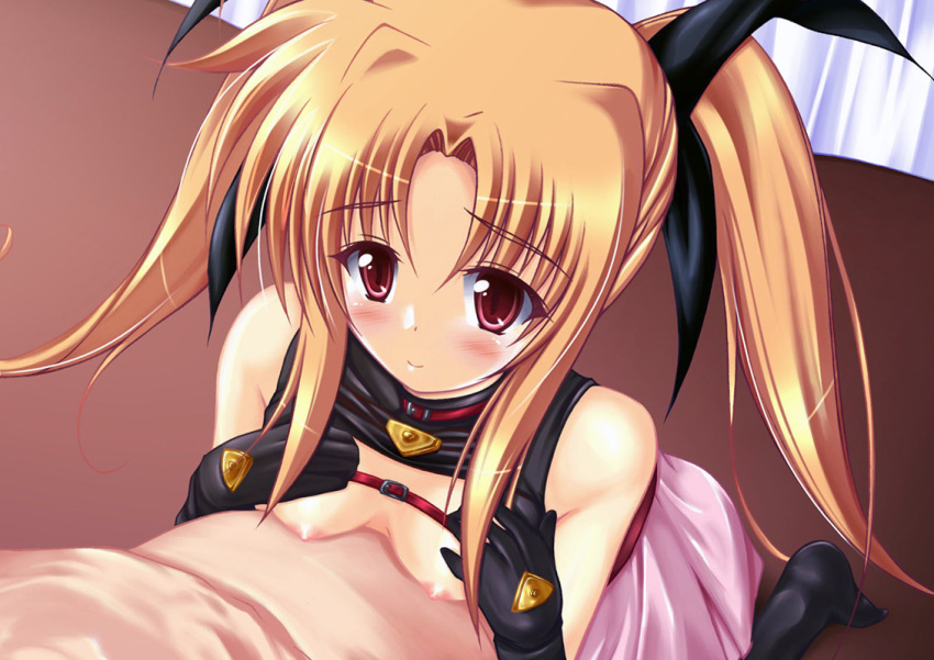 blonde_hair blush breasts fate_testarossa female flat_chest human lyrical_nanoha mahou_shoujo_lyrical_nanoha mahou_shoujo_lyrical_nanoha_a's male naizuri nipples paizuri red_eyes sex straight tied_hair topless twintails uminchu