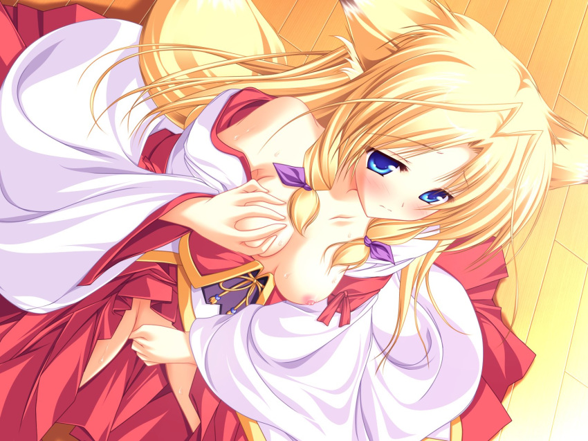 animal_ear fox_ear hakama highres inakoi japanese_clothes kamishiro_mutsuki masturbation miko solo tail tenmaso