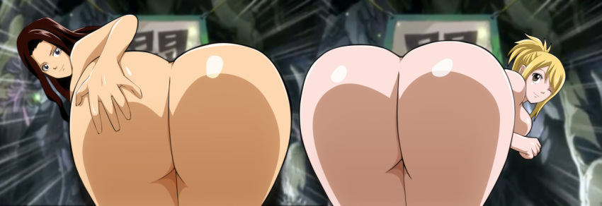 2girls apple_butt ass ass_to_ass background big_ass blonde_hair brown_eyes brown_hair bubble_butt cana_alberona color dat_ass fairy_tail fat_ass female hair hand_on_ass huge_ass long_hair looking_at_viewer lucy_heartfilia mr123goku123 multiple_girls posing presenting purple_eyes round_asses smile wide_image