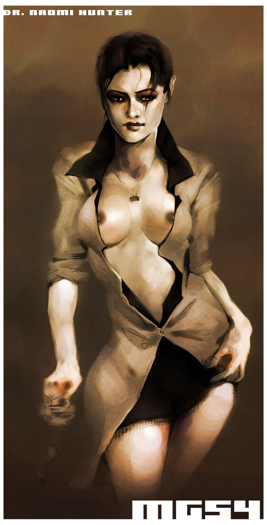 breasts erect_nipples female female_only highres human jewelry lips metal_gear metal_gear_solid metal_gear_solid_4 naomi_hunter necklace nipple_slip nipples open_clothes open_shirt ponytail realistic scientist shirt skirt solo tied_hair